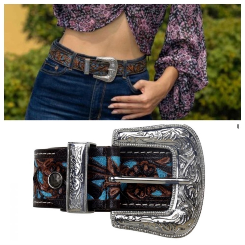 Myra turquoise hand tooled, painted leather belt